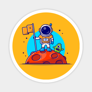 Cute Astronaut Standing Holding Flag on Moon with Cute Alien Space Cartoon Vector Icon Illustration Magnet